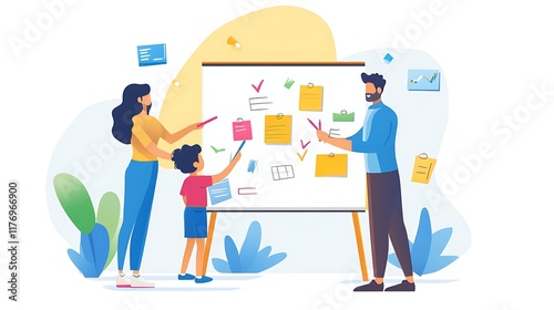 A mother and father helping their child set educational goals, with a whiteboard and colorful markers in the background