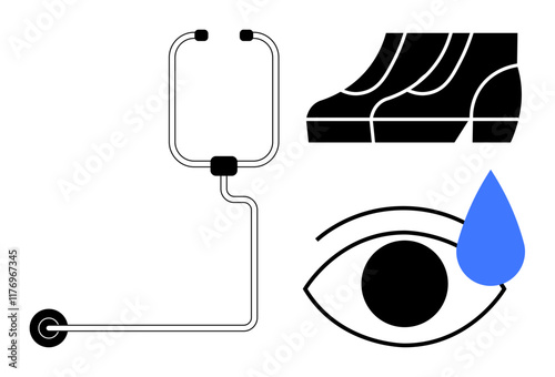 Medical tubing, black boots, and an eye with a blue tear drop represent healthcare, protection, and emotion. Ideal for health, footwear, vision sadness care protection medical concepts. Abstract