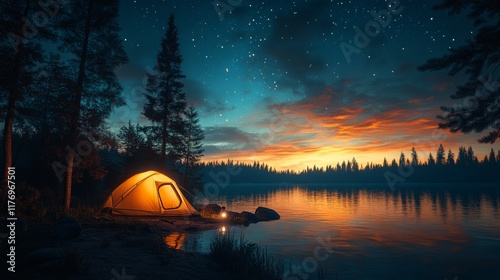 Camping under a starry sky by a tranquil lake at sunset