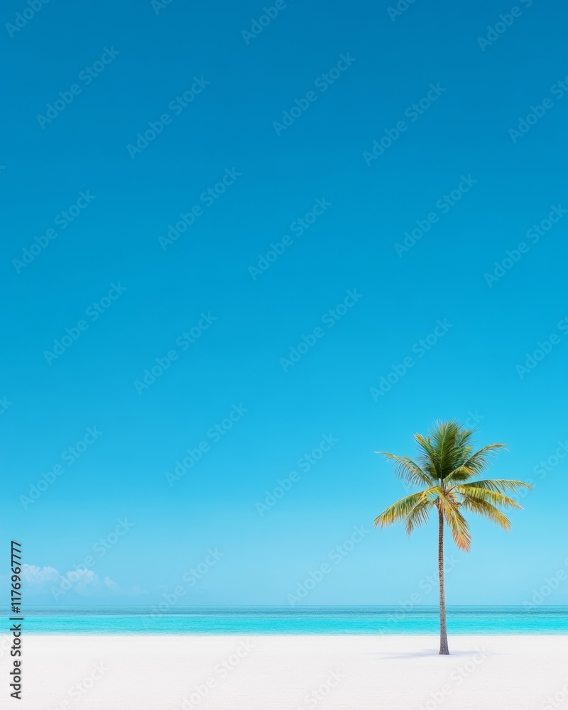Obraz premium Solitary Palm on Pristine Beach with Vibrant Turquoise Sea and Clear Blue Sky