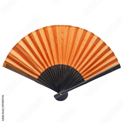 Elegant orange folding hand fan designed with a black base for stylish use isolated on transparent background png photo