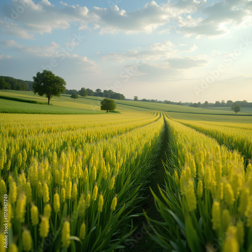 Paysage agricole : Champ de soja en pleine croissance au printemps, symbolisant l'abondance et la sérénité de la nature photo