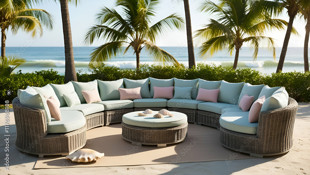 Obraz premium An elegant outdoor wicker sectional sofa set arranged in a semi-circle on a beach patio