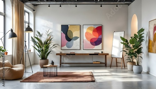 A modern and contemporary art studio provides perfect setting for showcasing for photography with minimilistic elegent studio niche colours, generated with ai photo