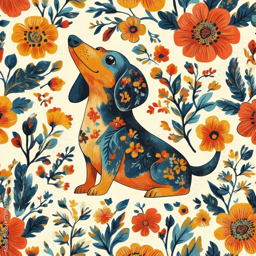 A dog is sitting in a flowery background