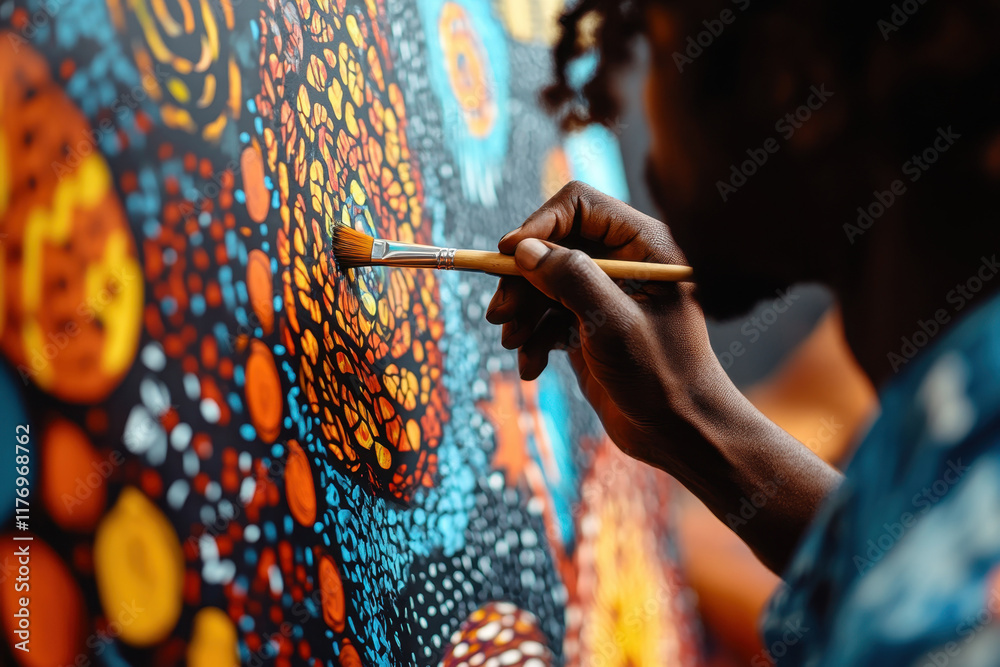 Painter creating colorful aboriginal dot painting using brush