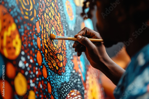 Obraz na płótnie Painter creating colorful aboriginal dot painting using brush w salonie