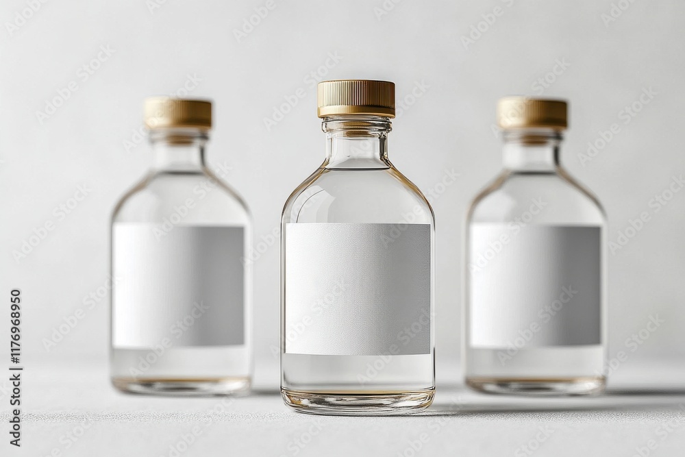 Three bottles of clear liquid with white labels Three bottles of clear liquid with white labels