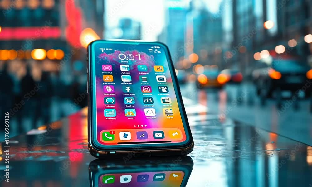 A smartphone displaying various apps on a reflective surface in an urban environment.