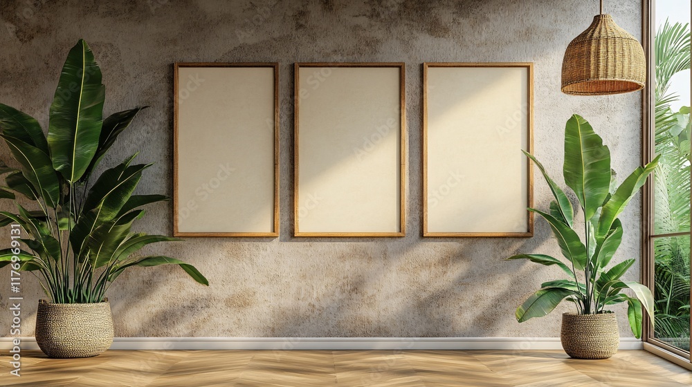 Decorative interior with three empty frames and lush green plants in a serene space Decorative interior with three empty frames and lush green plants in a serene space