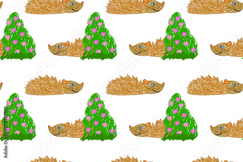 Adorable hedgehogs next to flowering green bushes in a seamless cartoon-style pattern on white.