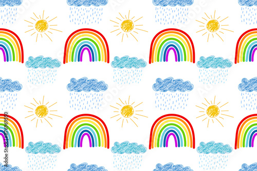Hand-drawn rainbows, sunny and rainy weather icons in a cheerful seamless pattern with vibrant colors on white.