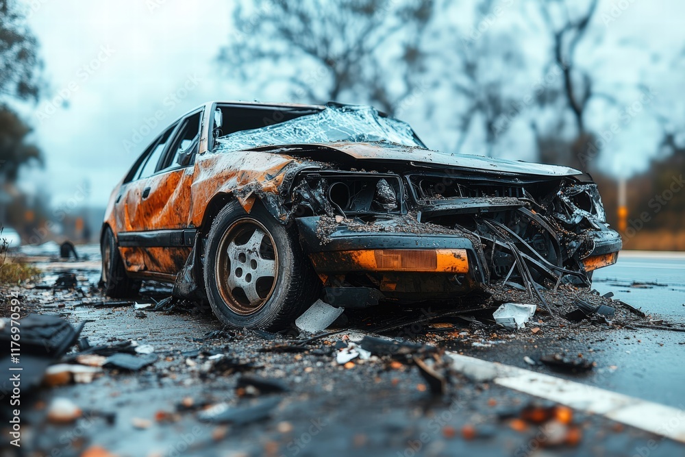 Fototapeta premium Abandoned Car on a Rainy Street Surrounded by Nature, Illustrating the Passage of Time and Neglect in Urban Environments