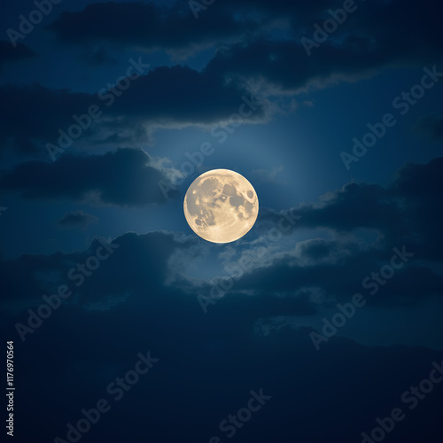 Scène nocturne : Pleine lune entourée de nuages sous un ciel bleu foncé, créant une atmosphère énigmatique photo