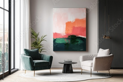 Modern interior design showcasing vibrant abstract painting, armchairs, and stylish decor elements