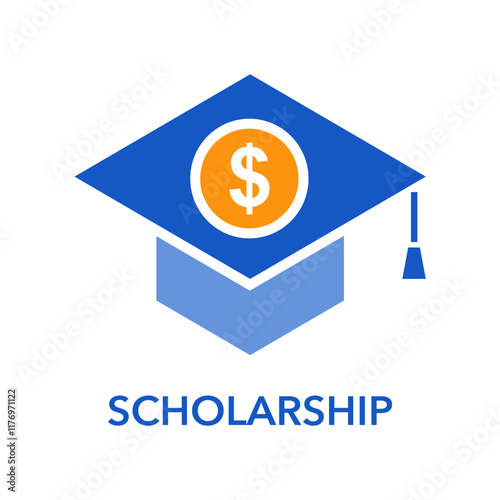 Scholarship concept. Dollar coin with academic graduation hat for university, college, school vector on white background.