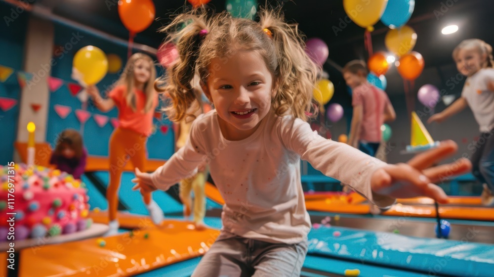custom made wallpaper toronto digitalA joyful child plays on a trampoline at a festive birthday party with colorful balloons and cake.
