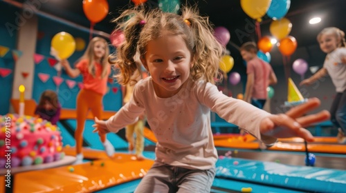 A joyful child plays on a trampoline at a festive birthday party with colorful balloons and cake.