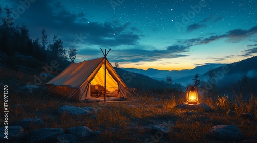 Camping under a starry sky by a tranquil lake at sunset