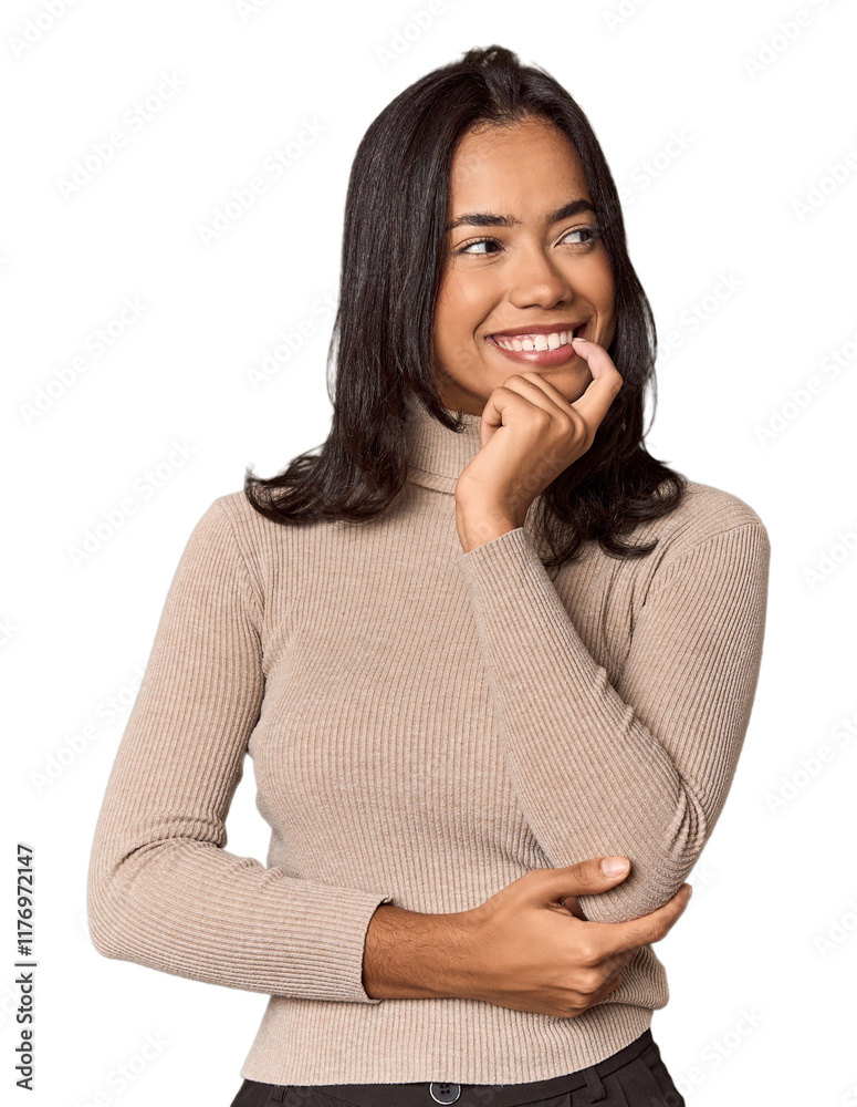 Young filipino woman relaxed thinking about something looking at a copy space.