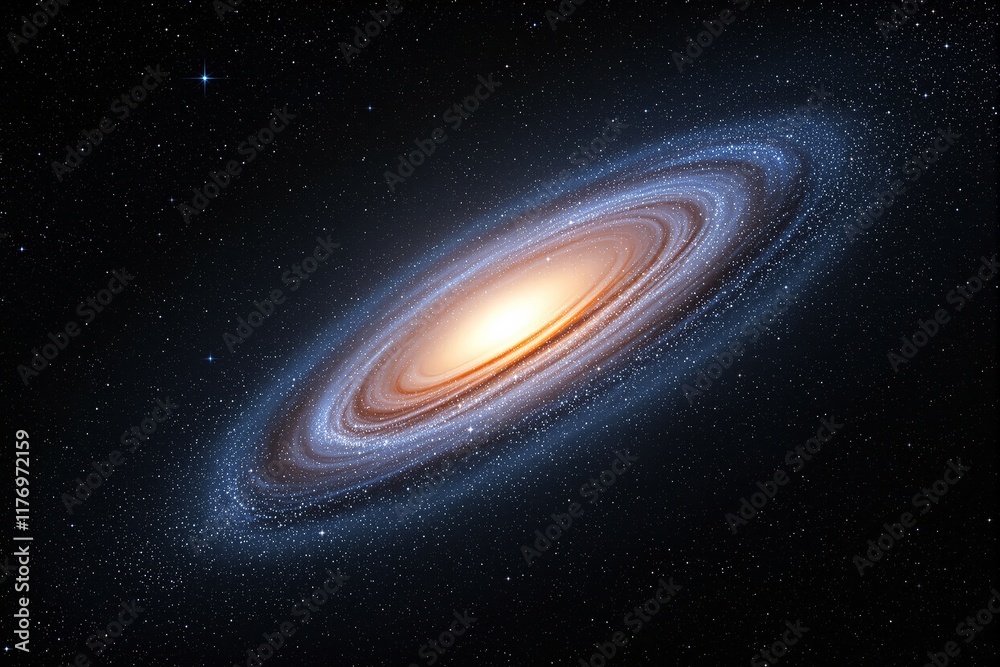 Fototapeta premium Bright galaxy illustration with glowing core and spiral arms in deep space.