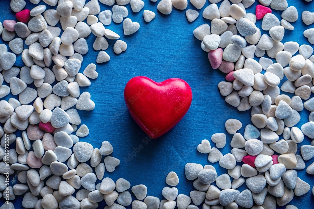 Obraz premium Romantic Pink & White Stones Heart on Blue Background - Stock Photo