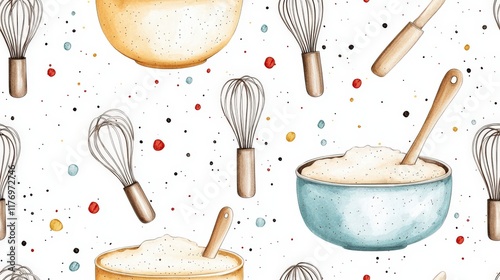 Colorful Kitchen Utensils with Mixing Bowls and Whisks Pattern for Culinary Art and Design Projects