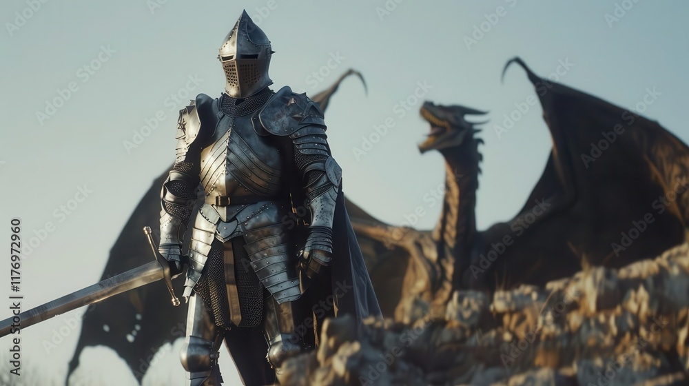 Obraz premium A knight in armor stands confidently with a dragon in the background, evoking fantasy themes.