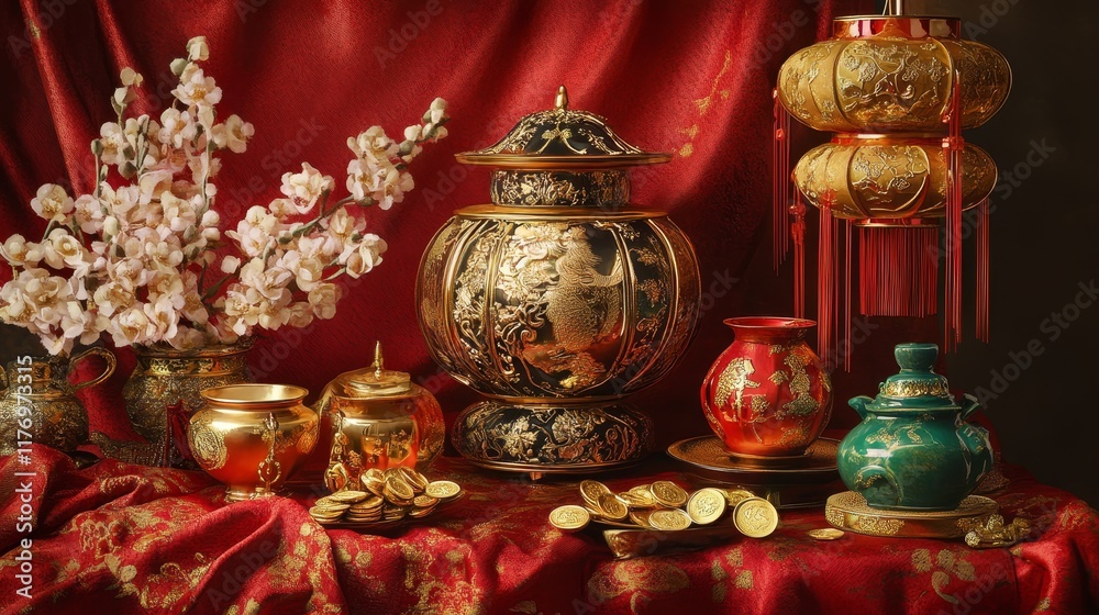 A luxurious Chinese New Year frame with ornate lanterns, golden coins, and jade accents on a red silk tablecloth