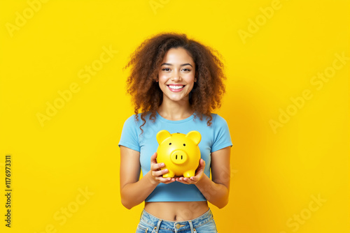 Smiling woman holding yellow piggy bank, standing against a vibrant yellow background.