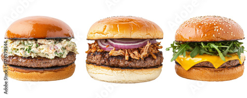 Three mouthwatering gourmet burgers showcasing delightful toppings and flavors