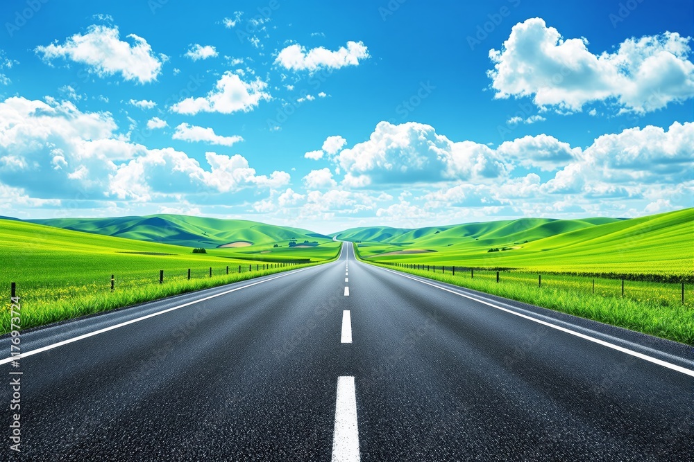Open road with bright green hills and blue sky background. Open road with bright green hills and blue sky background.