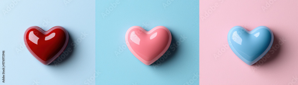 Colorful heart shapes in red, pink, and blue on pastel backgrounds Colorful heart shapes in red, pink, and blue on pastel backgrounds