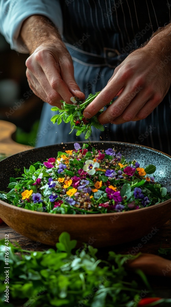 Delicate Chef Hands Plating a Vibrant Salad with Edible Flowers in Rustic Setting Delicate Chef Hands Plating a Vibrant Salad with Edible Flowers in Rustic Setting
