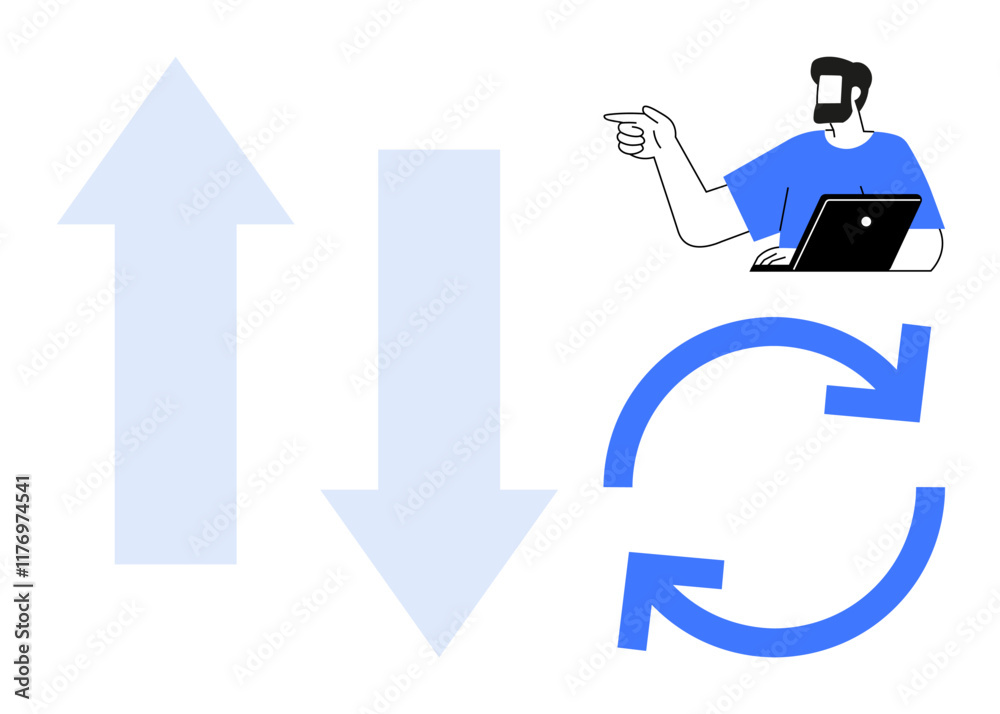 Upward and downward arrows, circular rotation symbol, and a person with a laptop pointing. Ideal for workflow optimization, data synchronization, team coordination, continuous improvement, feedback Upward and downward arrows, circular rotation symbol, and a person with a laptop pointing. Ideal for workflow optimization, data synchronization, team coordination, continuous improvement, feedback