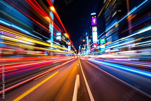 Abstract light streaks on urban street at night, vibrant colors, concept of speed.