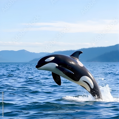 Bigg's orca whale jumping out of the sea in Vancouver Island, Canada photo