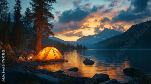 Camping under a starry sky by a tranquil lake at sunset