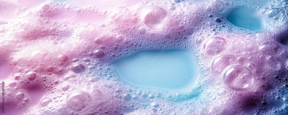 Fototapeta premium Pastel colored soap suds creating bubbles on liquid surface