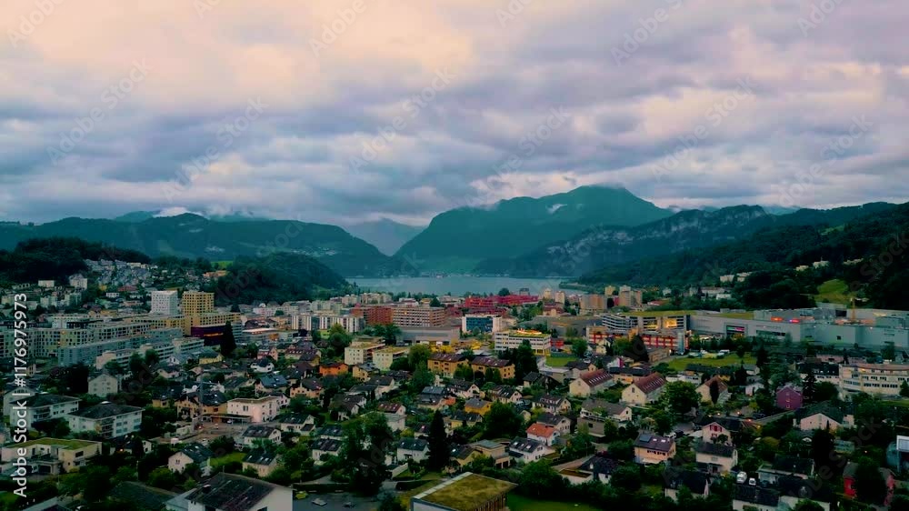 4K Drone Video of the Village of Howr, Switzerland on the Banks of Lake Luzern on a Summer Evening