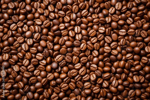 Close-up of roasted coffee beans background with warm lighting creating a rich texture and shiny highlights.