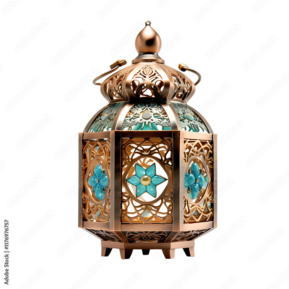 Golden Islamic Lantern: Ornate Teal Metal Ramadan Decoration Golden Islamic Lantern: Ornate Teal Metal Ramadan Decoration