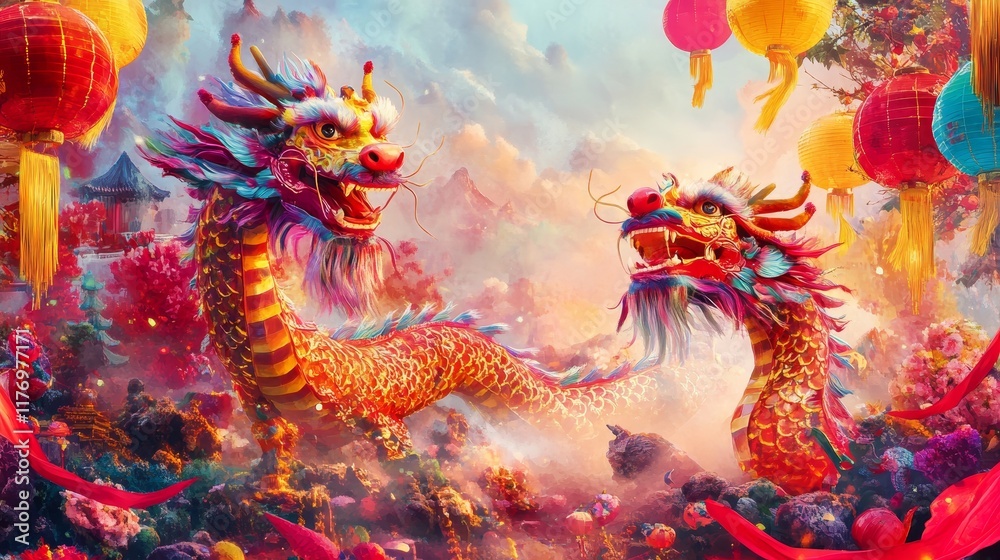 A vibrant Chinese New Year frame with colorful dragon dance performers, bright lanterns, and red banners fluttering in the wind A vibrant Chinese New Year frame with colorful dragon dance performers, bright lanterns, and red banners fluttering in the wind