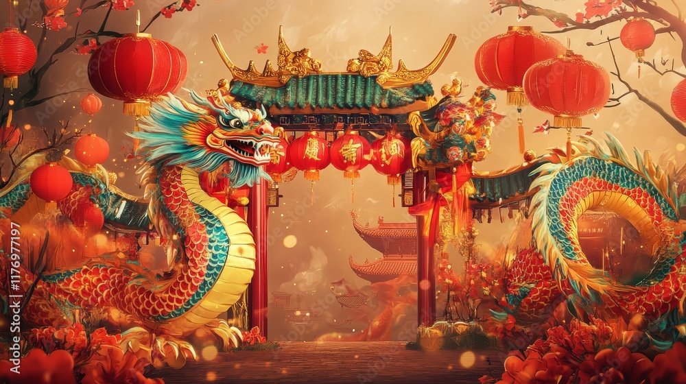 Obraz premium A vibrant Chinese New Year frame with colorful dragon dance performers, bright lanterns, and red banners fluttering in the wind