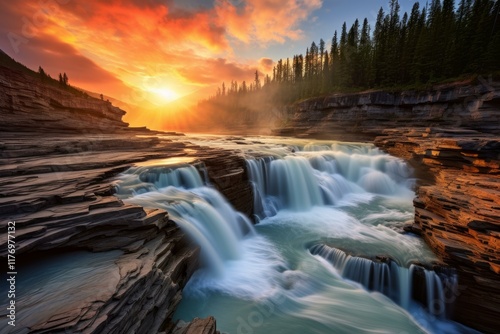 Scenic view of athabasca falls flowing over rock formations at sunrise in jasper national park, alberta, canada photo