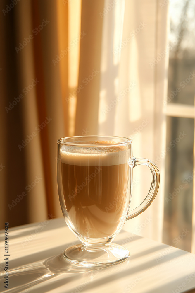 Latte Coffee Glass on a Table in Soft Morning Light Near a Window With Warm Curtains Latte Coffee Glass on a Table in Soft Morning Light Near a Window With Warm Curtains