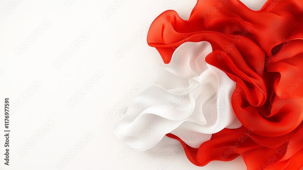 Fototapeta premium Abstract Red and White Fabric Drape Elegant Textile Texture Soft Silk Waves Flowing Material