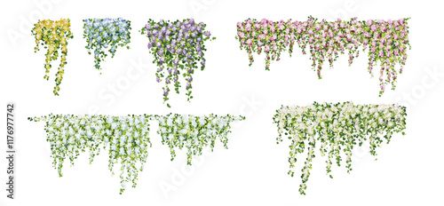 Set of watercolor hanging vines with colorful flowers