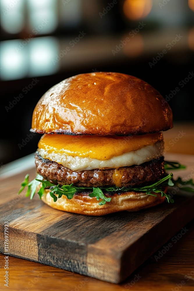 classic delicious burger on a wooden board, hamburger menu, unhealthy fast food