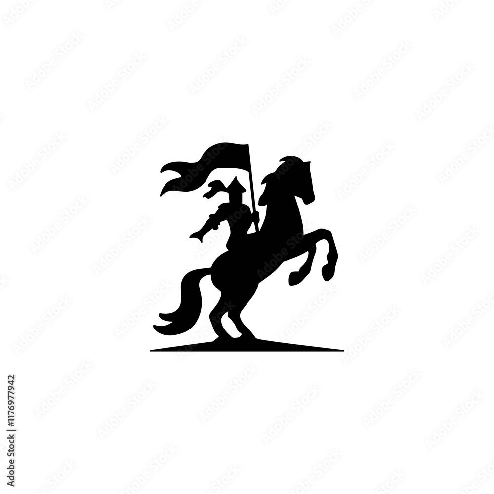Silhouette logo of Knight on Horse with Flag Silhouette logo of Knight on Horse with Flag